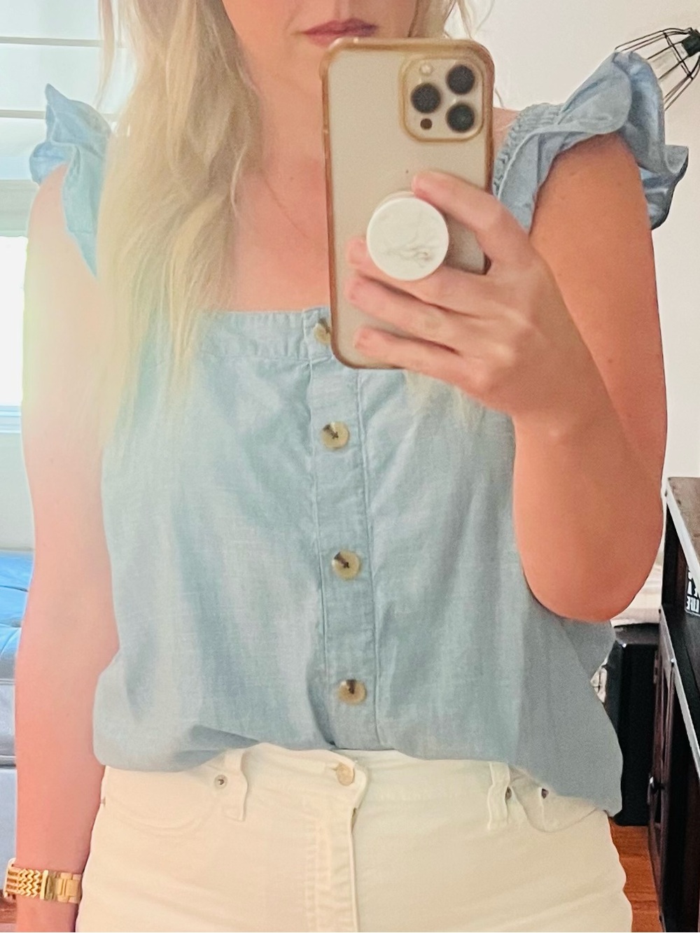 J. Crew Factory Light Blue Ruffle Strap Button-Front Tank - Picture 5 of 5